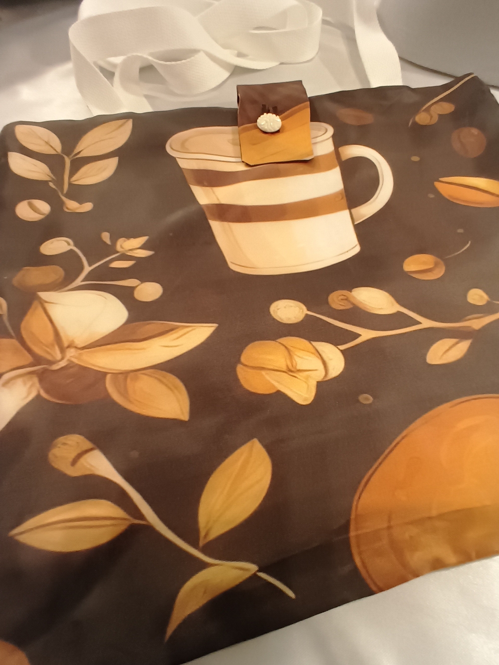 Brown Floral & Coffee Print Tote with Yellow Accents